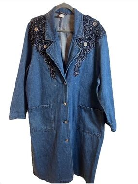 Vintage Denim Western Duster Coat L Medium Wash With Ribbon And Rhinestone Emb.